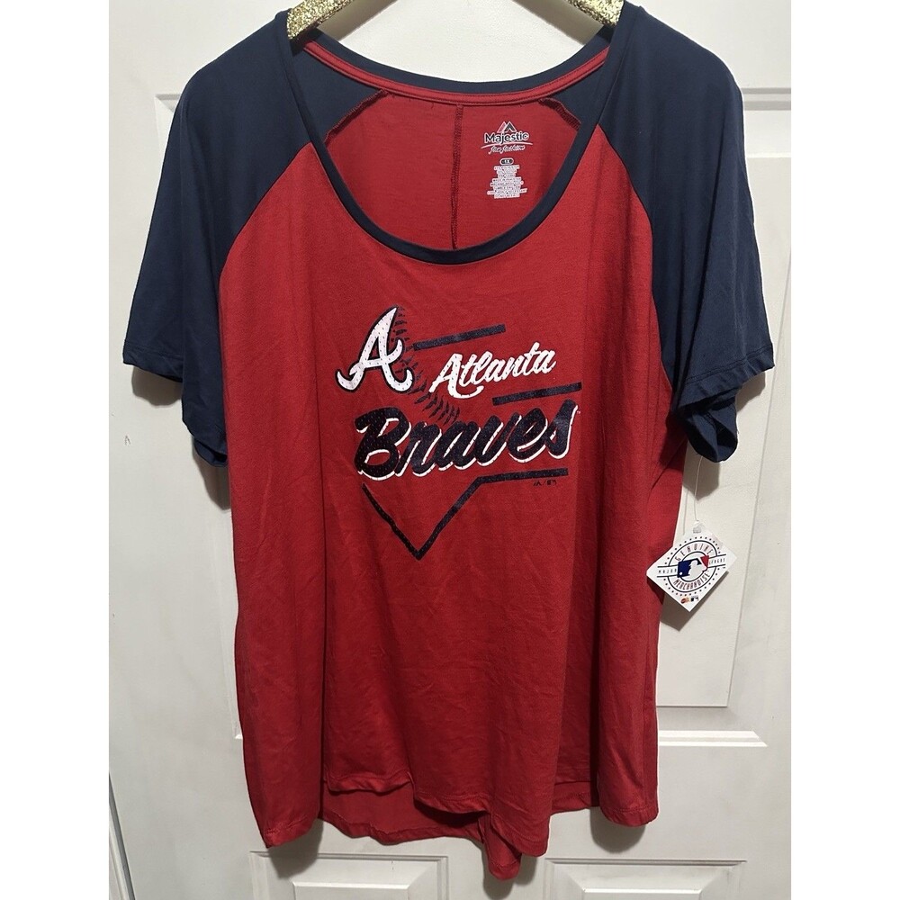 Women’s Plus Majestic Atlanta Braves Game Shake Up Red Navy Shirt 1X